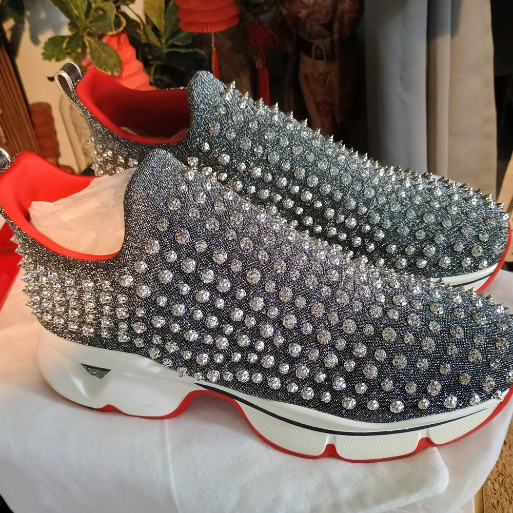 Christian Louboutin Silver and Red Spiked Sneakers Men's Size 12
